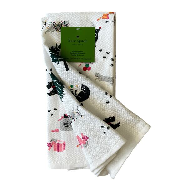 Kate Spade Christmas Dogs & Cats Kitchen Towel Set of 2 Designer Holiday 17x28 - Picture 2 of 12